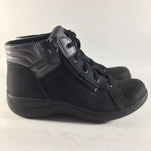 Aravon Rev Stridarc womens waterproof leather ankle boots black size 6.5 D wide
